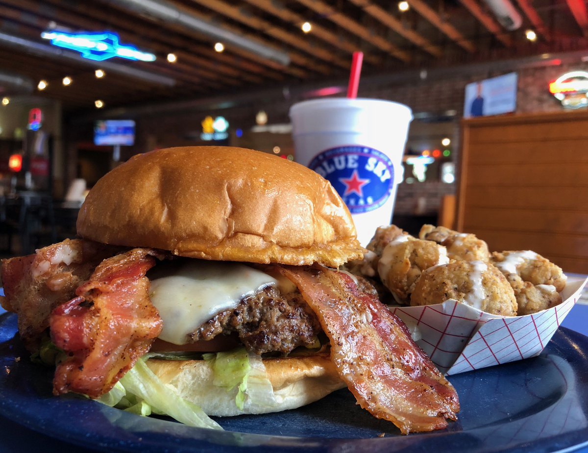 BlueSkyAmarillo's tweet photo. This Pepper Jack Bacon Cheeseburger, order of Fried Mushrooms &amp; Coconut Sweet Tea is calling your name!  🍔🍹🕺 https://t.co/gbzOdBtrV0