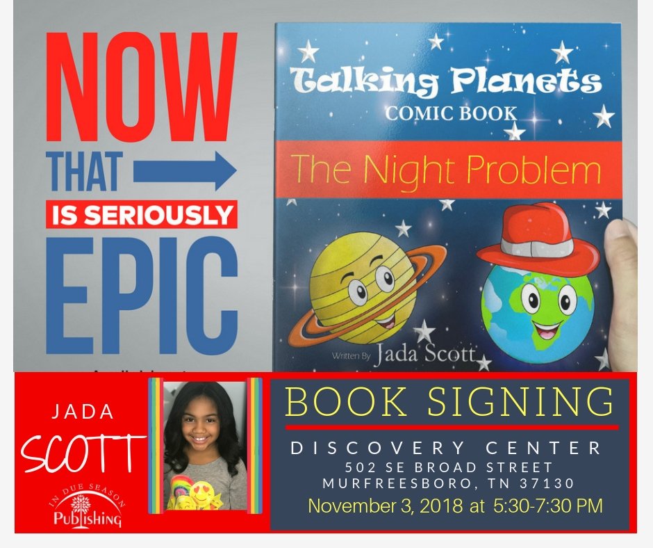 Talking1Planets's tweet photo. Would you like to join me on a space adventure? My rocket will be blasting off from The Discovery Center in Murfreesboro on Nov. 3, 2018. Read the story on my Talking Planets blog: https://t.co/kCXrk5LrBt #TalkingPlanetsBook #TalkingPlanets #JadaScott @MusicCityArts https://t.co/bmRBCF0RjJ