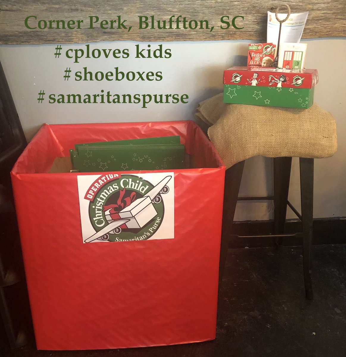 cornerperk's tweet photo. Operation Christmas Child donation box is at the Corner Perk through Thursday, November 15! Get a free small brewed coffee when you turn in your packed box. https://t.co/tt0sNtfybC