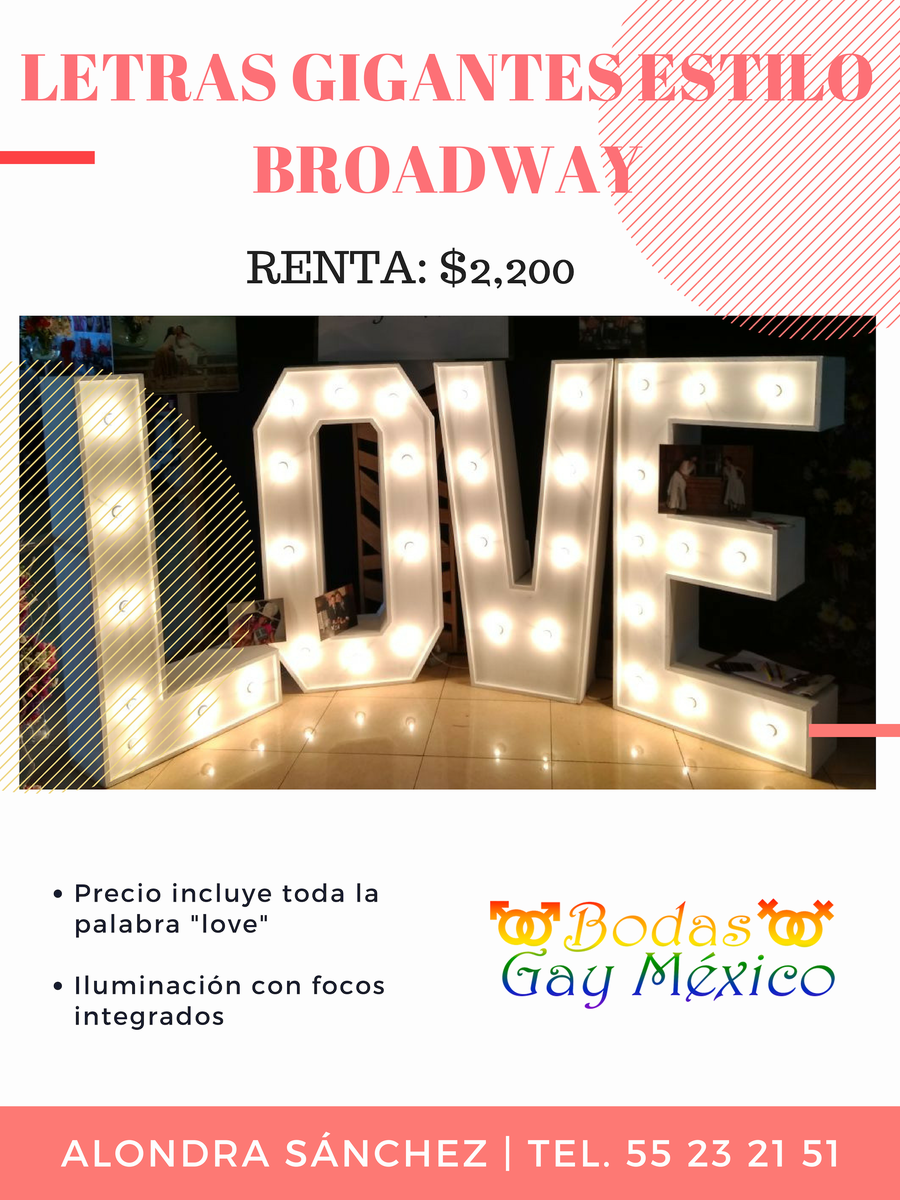 BodasGayMexico's tweet photo. Las letras gigantes se han vuelto una atracción súper popular en las bodas desde el ultimo año, renta las tuyas para tu boda, el cumpleaños de tu pareja o para proponerle matrimonio 😏😏
#letrasgigantes #bodagay #mexico #love #broadway #matrimonio #lgbt https://t.co/frvdl61euu