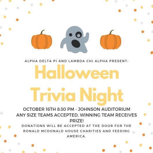 The beginning of our Fall philanthropy week starts TONIGHT! And what better way to kick it off than with some trivia!👻 

Any size team is accepted and of course... there will be a prize for the winners! We hope to see you there🕸🕷