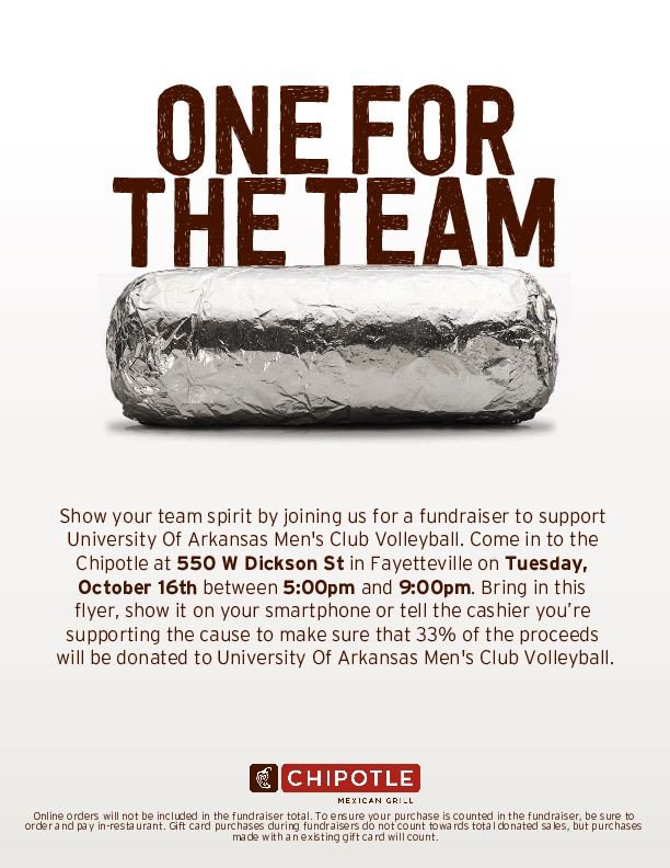 UARKclubVBall's tweet photo. Coming back from Fall Break hungry and don't want to make food? Then go stop by Chipotle on Dickson and get a burrito (or bowl). Make sure to mention that you're with the club! https://t.co/gfAEOZd3ok
