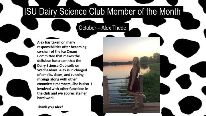 ISUdairyscience's tweet photo. Congratulations to our September and October Member's of the Month! Make sure to see who is awarded next Member of the Month on November 6th at 7 pm in the NSRIC classroom for our main meeting! https://t.co/2f76tUzvpX