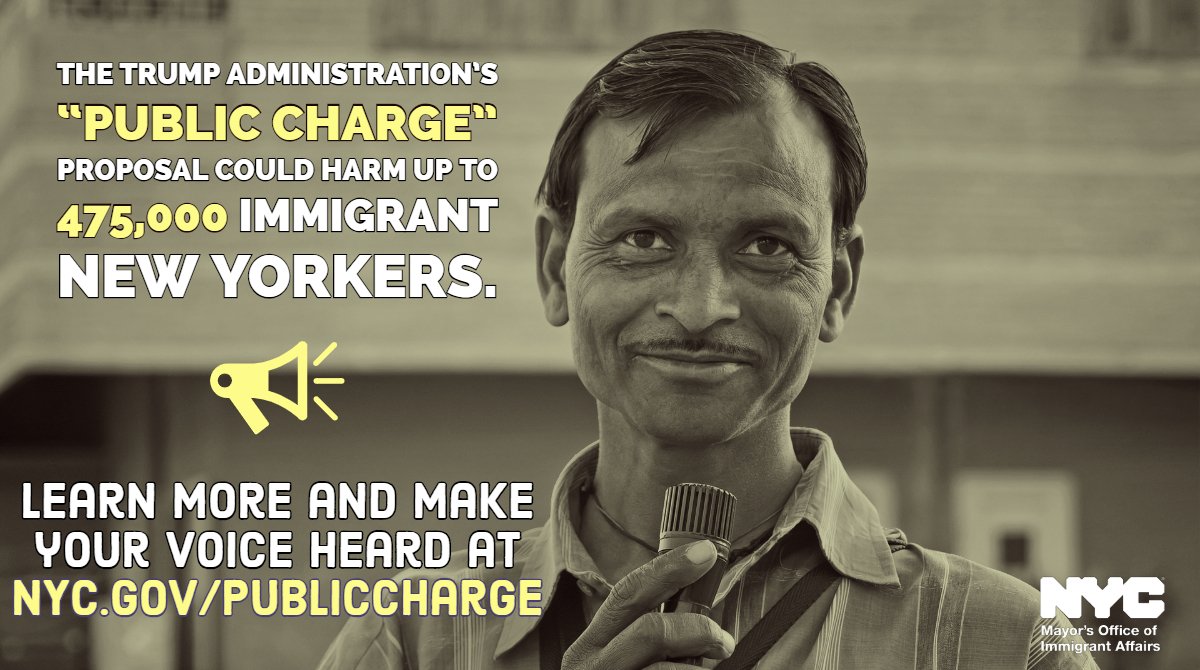NYCImmigrants's tweet photo. The Trump Administration’s “public charge” proposal could deny immigrants who contribute to our economy every day chances at gaining permanent status in the U.S. YOU can make your voice heard on this proposal by submitting a comment through https://t.co/w3QFao7EKA! https://t.co/hl9diNGi5a