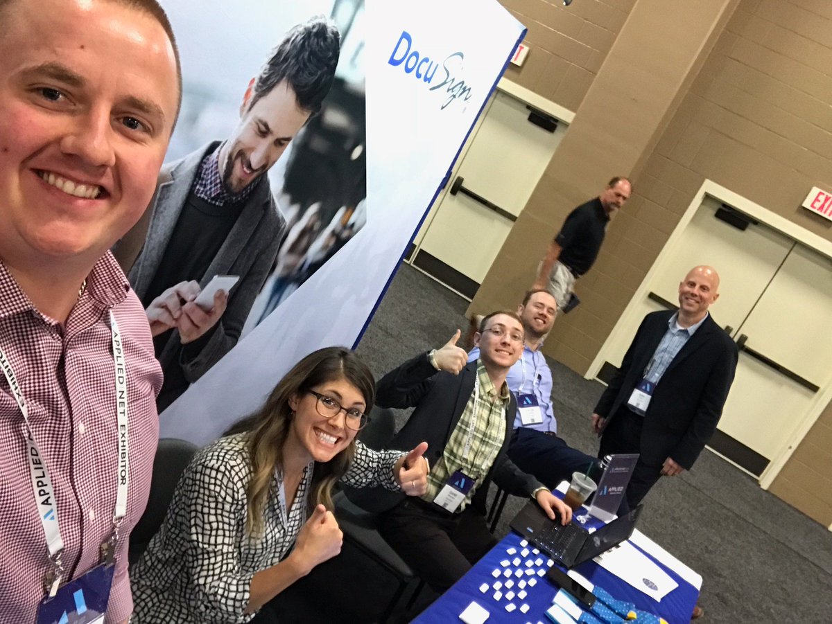 Docusign's tweet image. 👍Thumbs-up to a dynamic @DocuSign team at #AppliedNet2018. Be sure to stop by booth 201 this week for a chat. #ExcitedForAppliedNet