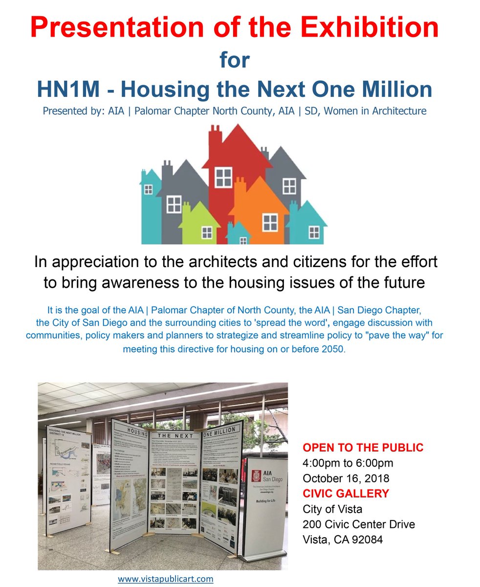 AIAPalomar's tweet image. We participated in the Housing The Next 1 Million Design Charrette last year--now come see the fruits of our labor tonight from 4-6PM at the Civic Gallery, City of Vista.

After, join the Board of Directors for our monthly Board meeting!