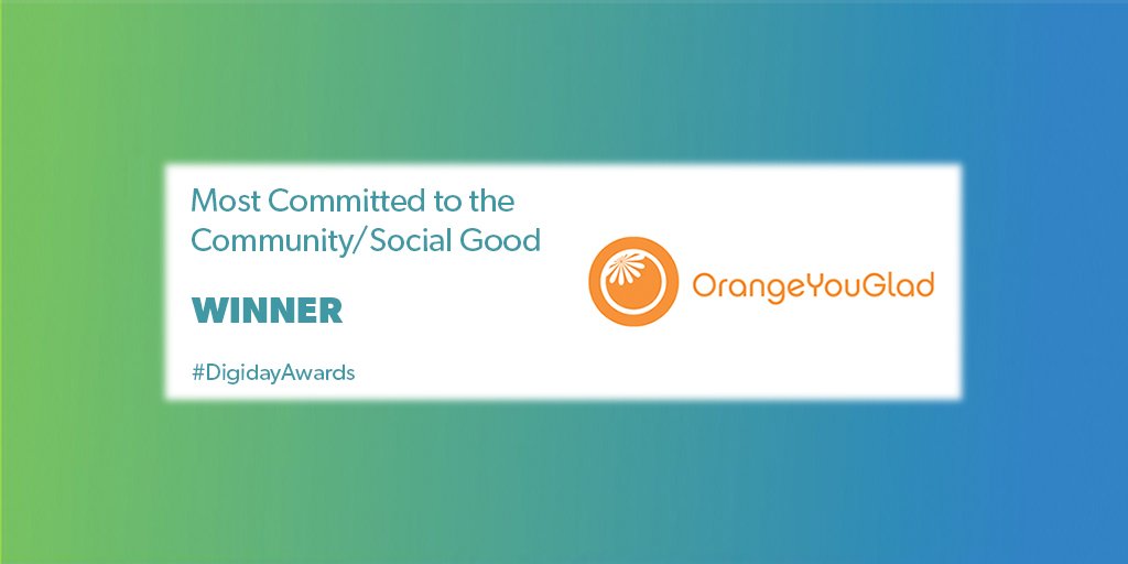 DigidayAwards's tweet photo. .@OrangeYouGladdy we named you the small agency Most Committed to the Community and Social Good? Congratulations! #DigidayAwards https://t.co/hs6G0TEQMg