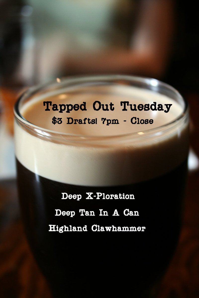 7thHillTaproom's tweet photo. It's #TappedOutTuesday and we've got #TanInACan and #XPloration by @DeepBrew and #Clawhammer by @HighlandBrews all for only $3 a pour! https://t.co/SJSwx0rUWf
