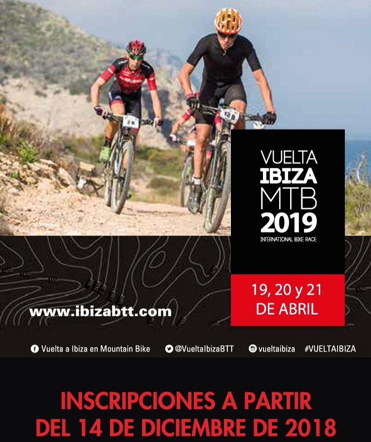 VueltaIbizaBTT's tweet photo. PRÓXIMAMENTE...!!!

📅 #VueltaIbiza2019
✏ Inscripciones: 14/12/18
📆 19-21 abril 2019
📊 3 etapas
ℹ https://t.co/AuXT61IVtJ
📩 reservas@ibizabtt.com
📞 971348949
🐥 Twitter: @VueltaIbizaBtt
📷 Instagram: @vueltaibiza
🤙 Facebook: Vuelta Ibiza Mountain Bike 2019 https://t.co/zbC6ju0j1K