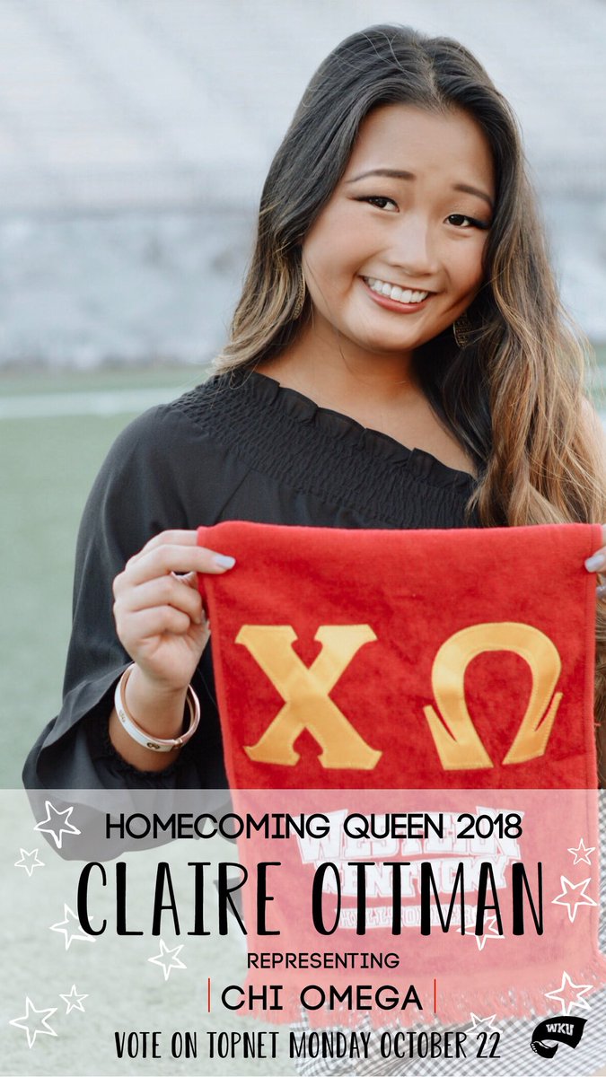 ChiOmega_WKU's tweet photo. Vote Claire Ottman for Homecoming!! ⭐️❣️ She is a Biology Major with a Pre-Med Concentration and a Biophysics Minor! Claire is a Student Alumni Ambassador, the Director of Community Service for Alpha Epsilon Delta, the Medication Chair for Global Brigades, and so much more!! ❤️ https://t.co/hfksFnhYLF