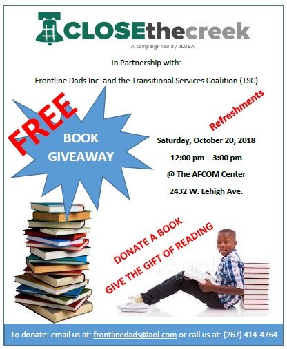 norfphillyruben's tweet photo. Frontline Dads, ODAAT & TSC Community Book Drive: Show love for the kids in Philly who love to read and donate a book. Come out to the AFCOM Center (2432 W. Lehigh Ave.) on Saturday, 10/20/18 from 12-3pm to donate a book and help make a kid smile!
#CLOSEthecreek
#Frontlinedads https://t.co/8R5BegVnFP
