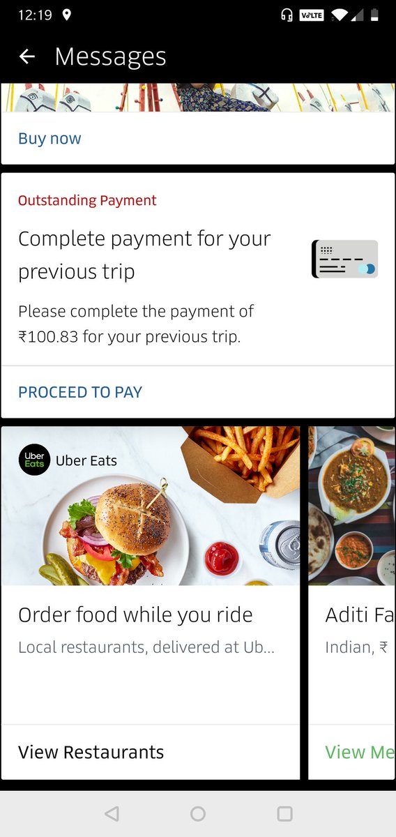 sej19's tweet photo. @Uber_Support your app reflects a payment which I have already made ... I can't make payments for other trips because of this .... Refer below screenshots of receipt. I donno why it still reflects I owe the amount I have already paid !!!!!! @Uber @UberIndia https://t.co/N2AzyVoFTg