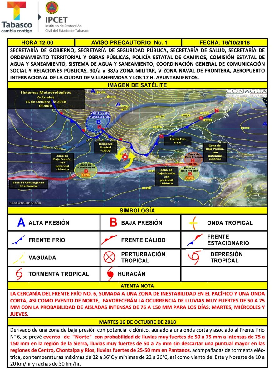 ProcivilTabasco's tweet photo. #AtentaNota
Masa de aire frío proveniente del Frente Frío No. 6, podría provocar lluvias intensas de 75 a 150 mm en Tabasco este miércoles. 
El pronóstico del SMN advierte que para el jueves también podrían presentarse precipitaciones. 
¡Tome precauciones! https://t.co/pGs0WGgYVB
