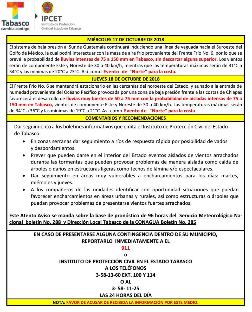 ProcivilTabasco's tweet photo. #AtentaNota
Masa de aire frío proveniente del Frente Frío No. 6, podría provocar lluvias intensas de 75 a 150 mm en Tabasco este miércoles. 
El pronóstico del SMN advierte que para el jueves también podrían presentarse precipitaciones. 
¡Tome precauciones! https://t.co/pGs0WGgYVB