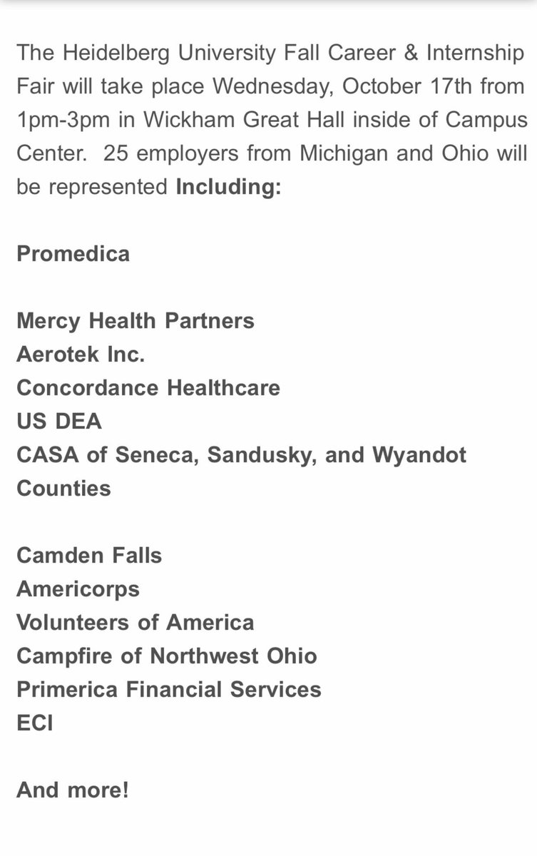 Tomorrow from 1-3pm is the Career &amp; Internship Fair In Wickham Great Hall! Meet employers from Michigan &amp; Ohio to get a potential internship or entry level job!