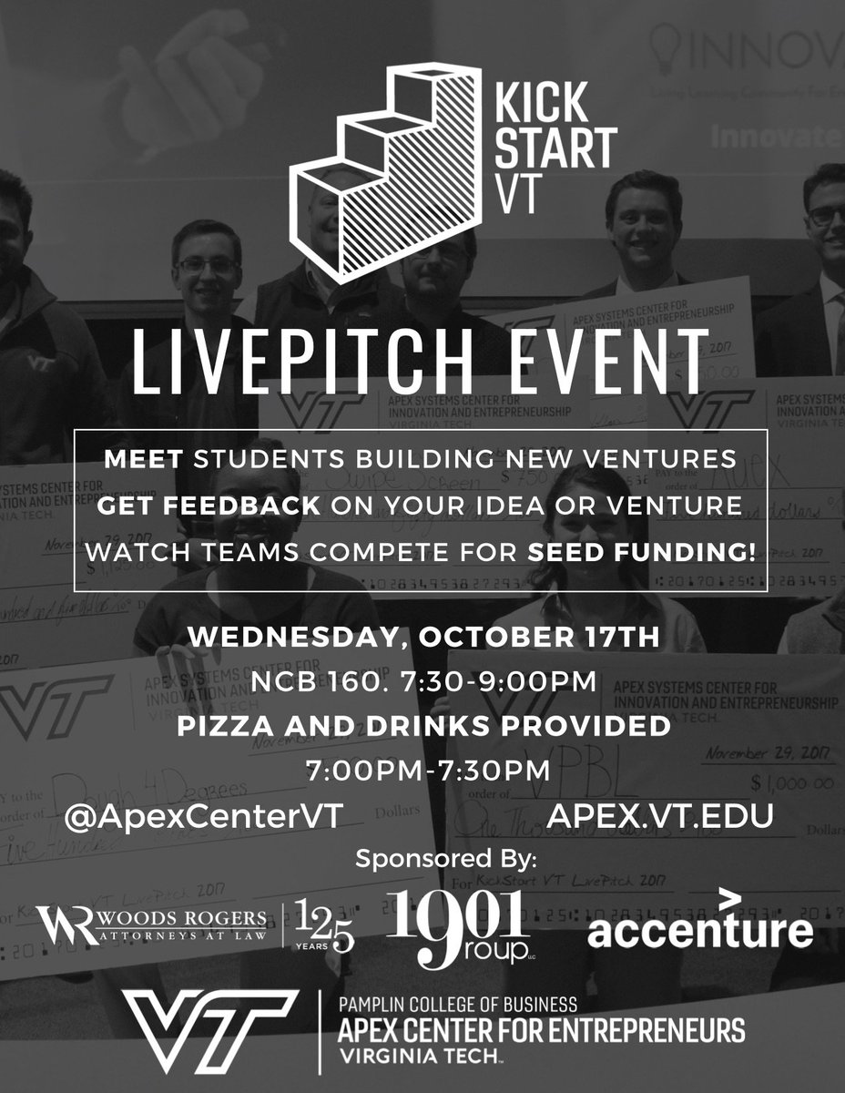 ApexCenterVT's tweet photo. Our second #KickStartVT Live Pitch Event is tomorrow night from 7-9pm in NCB 160! Come out to hear our finalist teams pitch their new venture ideas as they compete for $2,000 in seed funding! Learn more here: https://t.co/xCxHrTvH2m https://t.co/ocJvJyKAEL