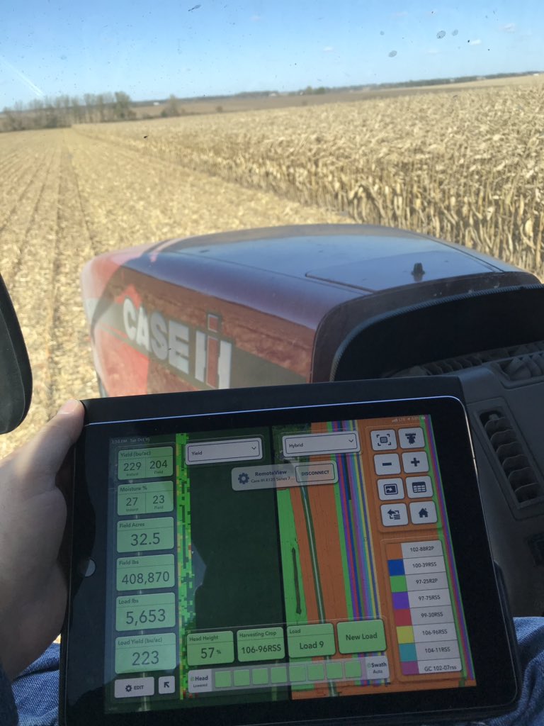Feels good to be in the field again! This FTN plot has 9 hybrids across 3+ soil types.  Watching the yield via RemoteView in the grain cart is pretty neat! <a href="/FieldView/">FieldView</a> #harvest18 #goldcountryseed #madeforminnesota