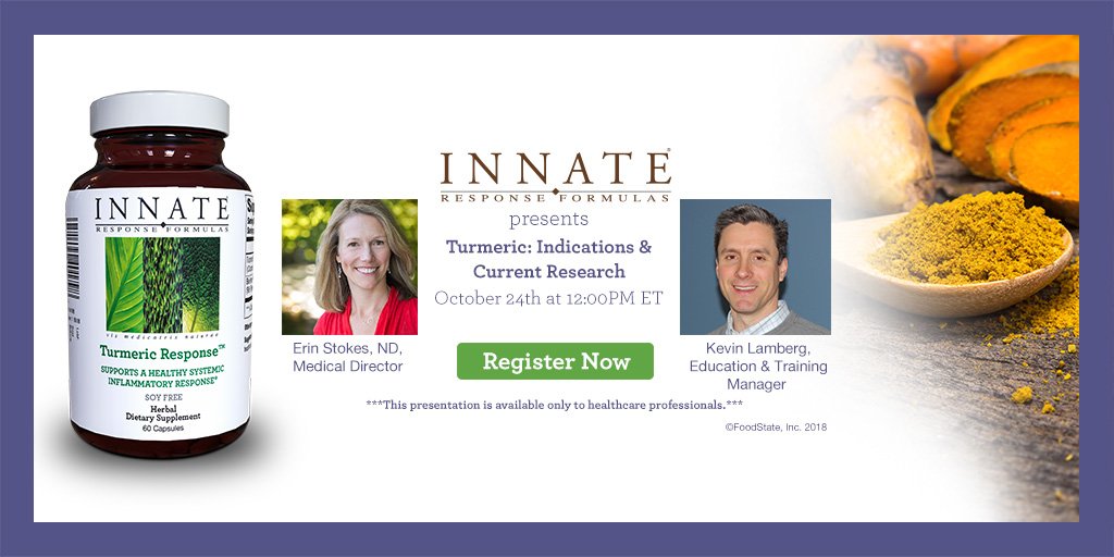 INNATEResponse's tweet photo. TOMORROW! Join Erin Stokes, ND and Kevin Lamberg for this month's Q&amp;A webinar "Turmeric: Indications and Current Research." Register here: https://t.co/QrnSlcOPOt https://t.co/6JRyTr7gHw