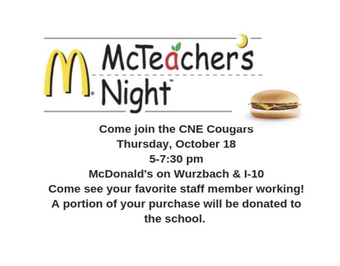NISDCNE's tweet image. Please come support our school at McDonald’s on I10-Wurzbach on Thursday, 10/18, from 5:00-7:30. Our school will earn 25% of all sales!