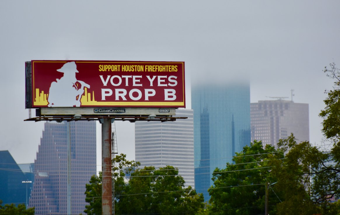 FirefightersHOU's tweet photo. Check out our "Vote Yes Prop B" billboard on I-45 at North Main St. Thanks for your support, Houston! https://t.co/yofQaP4kGR