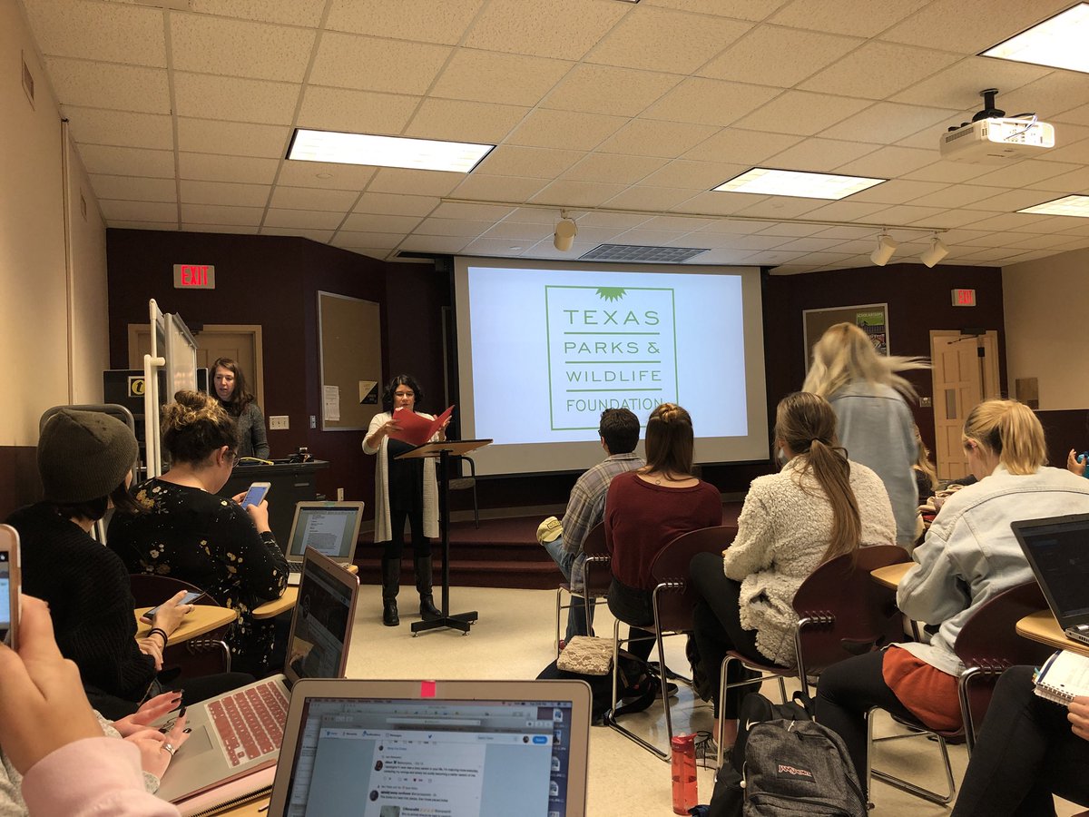 CodyHoudmann's tweet photo. Texas Parks &amp; Wildlife’s @lydia_saldana is in the building and beginning her presentation with the overview of situational anaylysis of public relations campaigns. #mc1313L3 #MCWeek18 https://t.co/Yy5NyldVxU