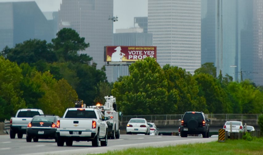 FirefightersHOU's tweet photo. Check out our "Vote Yes Prop B" billboard on I-45 at North Main St. Thanks for your support, Houston! https://t.co/yofQaP4kGR