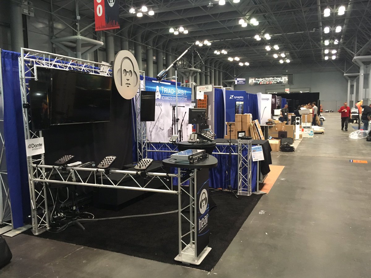 Hear_Back's tweet photo. All set up for the AES 2018 show at the @javitscenter NYC. Come out and see the new V5 firmware with 128 ch, routing, and sub mixing for the Hear Back PRO. Also the new SwitchBack M8RX interface with Dante. #AES2018 #hearback #switchbackM8RX https://t.co/k4Jcl0Zuc1