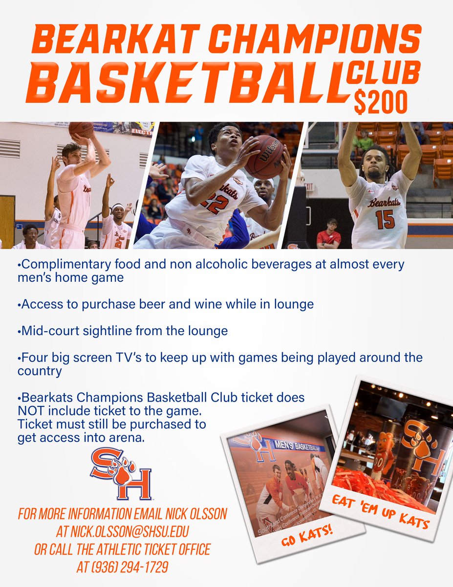 SHSU_BCF's tweet photo. We are two weeks away from @BearkatsMBB tipping off the 2018-2019 season.  Join us in the Bearkat Champions Club at Johnson Coliseum for access to a cash bar plus complimentary food and non-alcoholic drinks at almost every home game! https://t.co/gRUqX89y5M