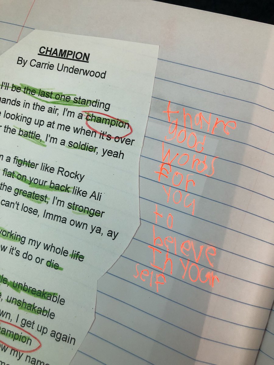 MrsBarringer3rd's tweet photo. Nico says, “There good words for you to believe in yourself.” #thirdgraders #responsejournal #champion https://t.co/Amy6Nqcs2D