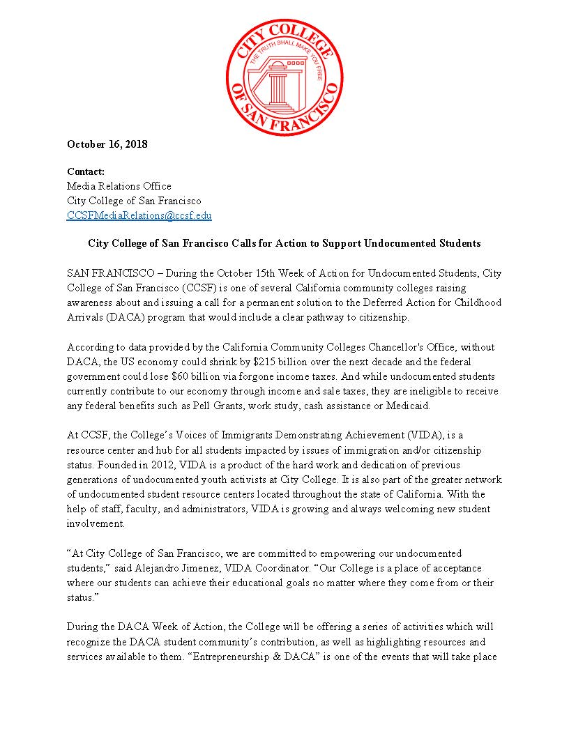 OfficialCCSF's tweet photo. During #UndocumentedStudentActionWeek, #CCSF has been raising awareness about and issuing a call for a permanent solution to the #DACA program that would include a clear pathway to citizenship. Read the full press release here: https://t.co/KdXMYItd4e #CCCforDACA #CCSFvida https://t.co/f6ZXaVExiI