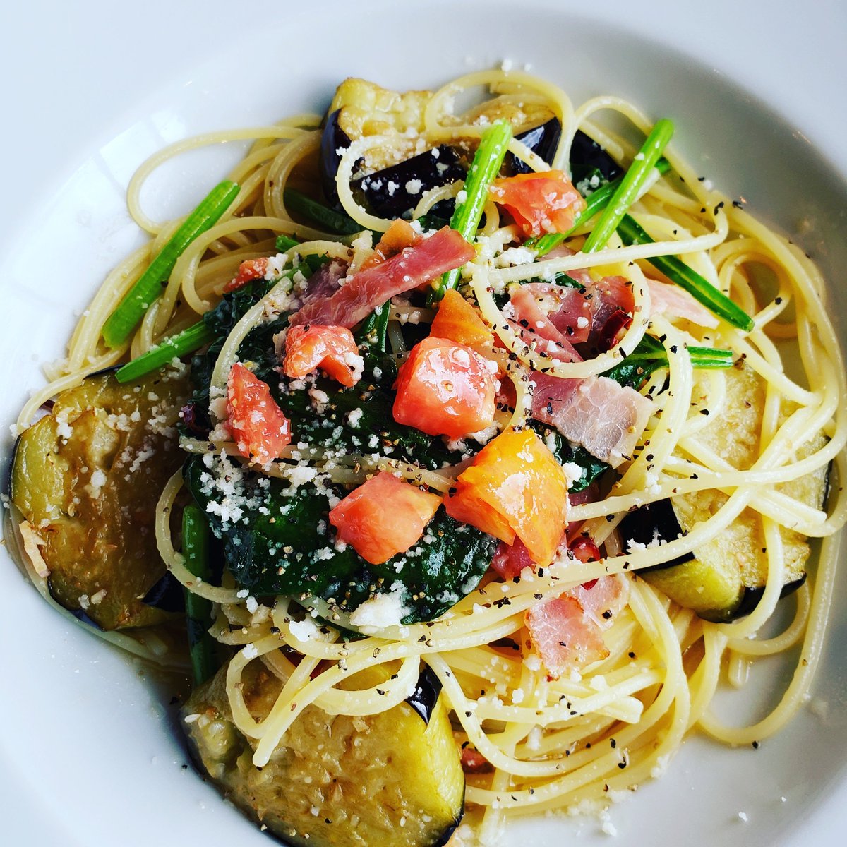 Pasta Pizza501 A Twitter 茄子とベーコンとほうれん草の Pasta Pizza501 A Twitter 茄子とベーコンとほうれん草の