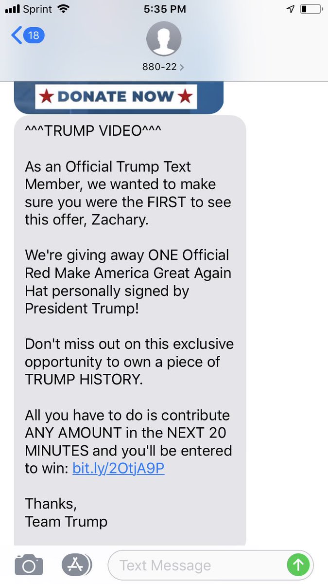 Trump text gimmick: “20 minutes left!” with link that starts counting down from 20 minutes when you click it.