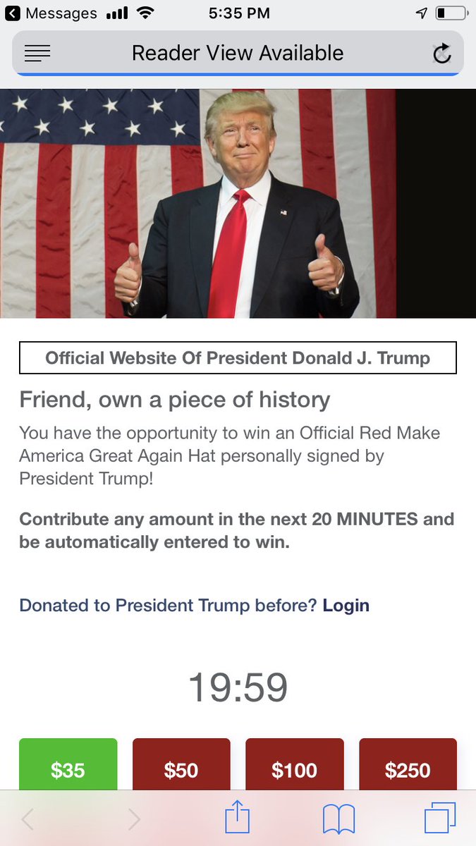 Trump text gimmick: “20 minutes left!” with link that starts counting down from 20 minutes when you click it.