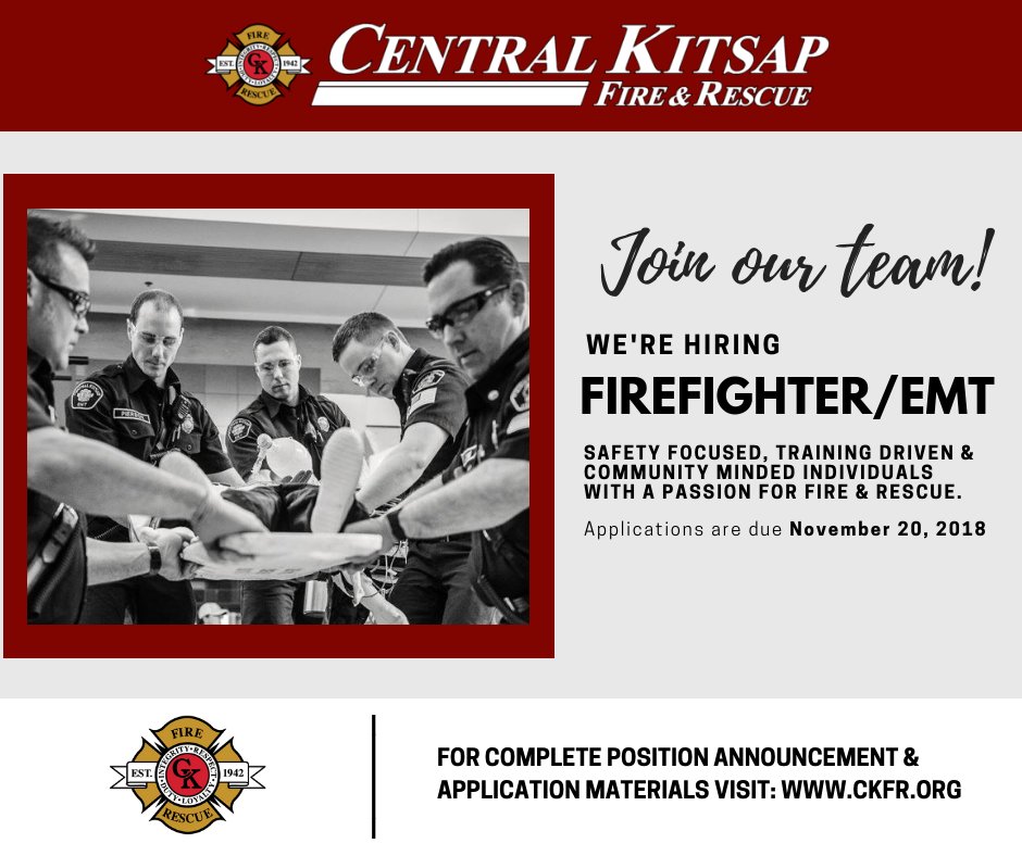 CKFireRescue's tweet photo. We now have job openings for both entry-level and lateral Firefighter/EMT positions! Visit our website at https://t.co/f5fzooNigN for more information. https://t.co/C3q8hm6BS4