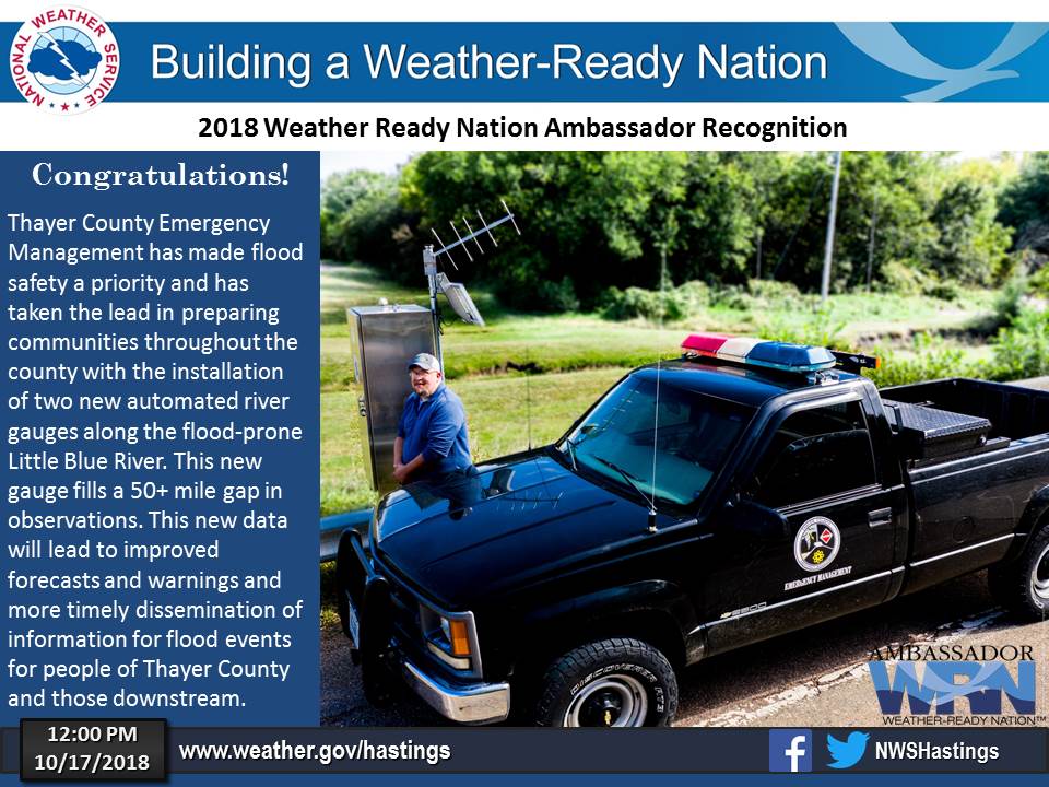 NWSHastings's tweet photo. Congratulations to our 2018 Weather Ready Nation Ambassador, Thayer County Emergency Management! Thanks!  See more 2018 Ambassador's from around the country at https://t.co/TMxpYuXQP2 
You too, can be an Ambassador, sign up here: https://t.co/GAAzO2PpBy  #newx #kswx @EMA32NE https://t.co/55qXTVT2jT
