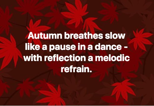 Rhosebard's tweet photo. Autumn breathes slow
like a pause in a dance -
with reflection a melodic refrain.
#haiku #autumn #nature https://t.co/StET1sqfsY