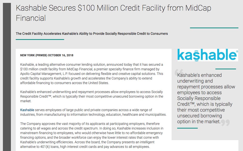 TimSackett's tweet photo. Do you think Micro-loans to your employees won't work? @getkashable just increased their credit facility by $100M, so that means employees like it! #FinTech #HotInHR #HRmarketer https://t.co/PvdiE24Hlw https://t.co/mIkXRafZYt