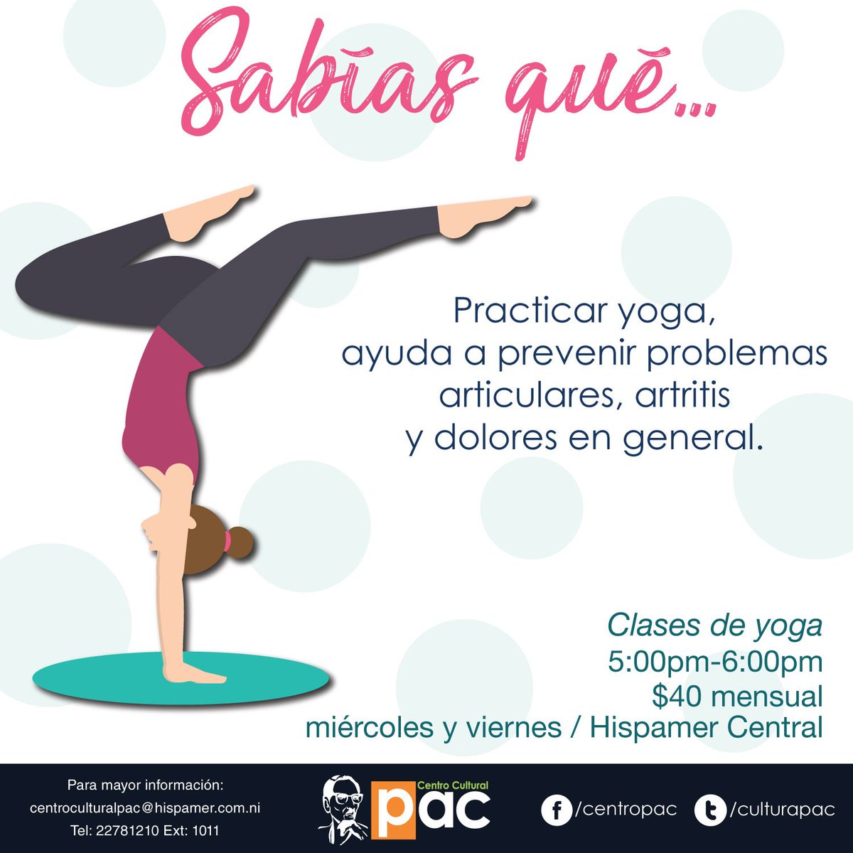 Empieza nuestra cuenta regresiva para los talleres de Yoga!

Iniciamos mañana a las 5 de la tarde. Pueden venirse a inscribir desde hoy en nuestras cajas ubicadas en el primer piso! Los esperamos 🌻