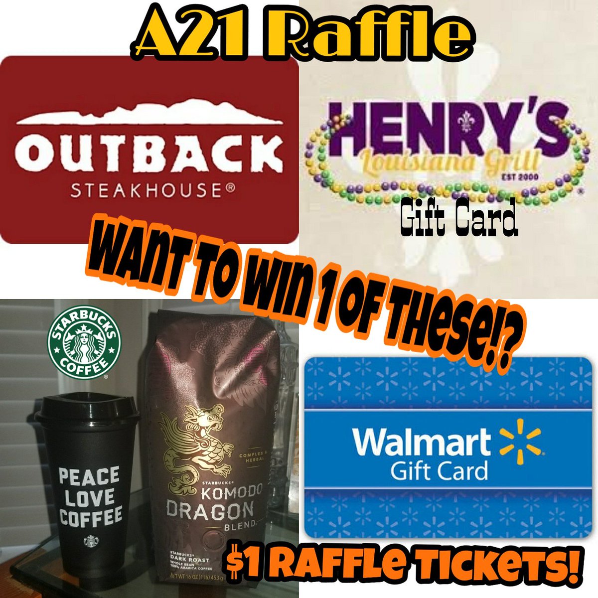 Walk4FreedomATL's tweet photo. This Saturday Oct 20th we will be raffling off these items pictured!
There will be 4 winners!
Tickets are only $1 each, and ALL proceeds will be donated to @A21 !!!

1- Outback  gift card
1- Henry's Louisiana Grill gift card
1- Wal-Mart gift card
1- Starbucks mug and coffee https://t.co/f90zBDVUYd