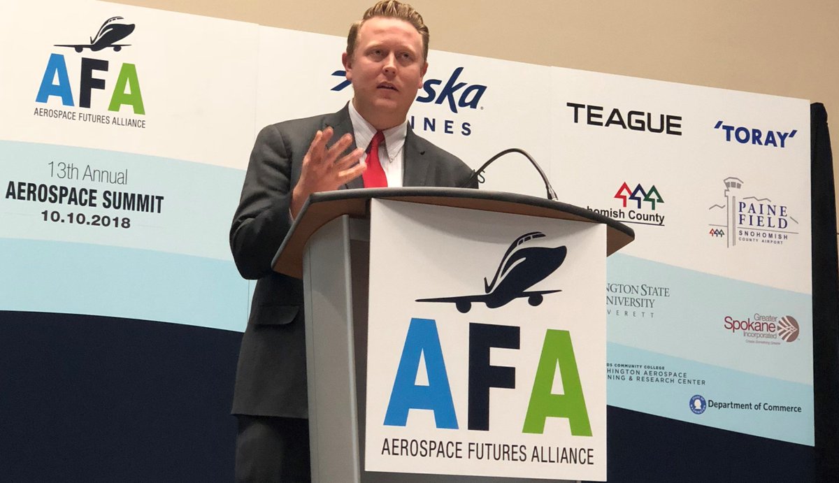 WAStateCommerce's tweet photo. Commerce’s Chris Green spoke @AerospaceFuture conference. #WAState ranks #1 for #aerospace in 2 ind studies. We build nearly 90% of US commercial aircraft. Combined w/strengths in #tech, #AI, #robotics = boundless opportunities for 2nd century of #aerospace innovation! https://t.co/DhkXcV6eLc