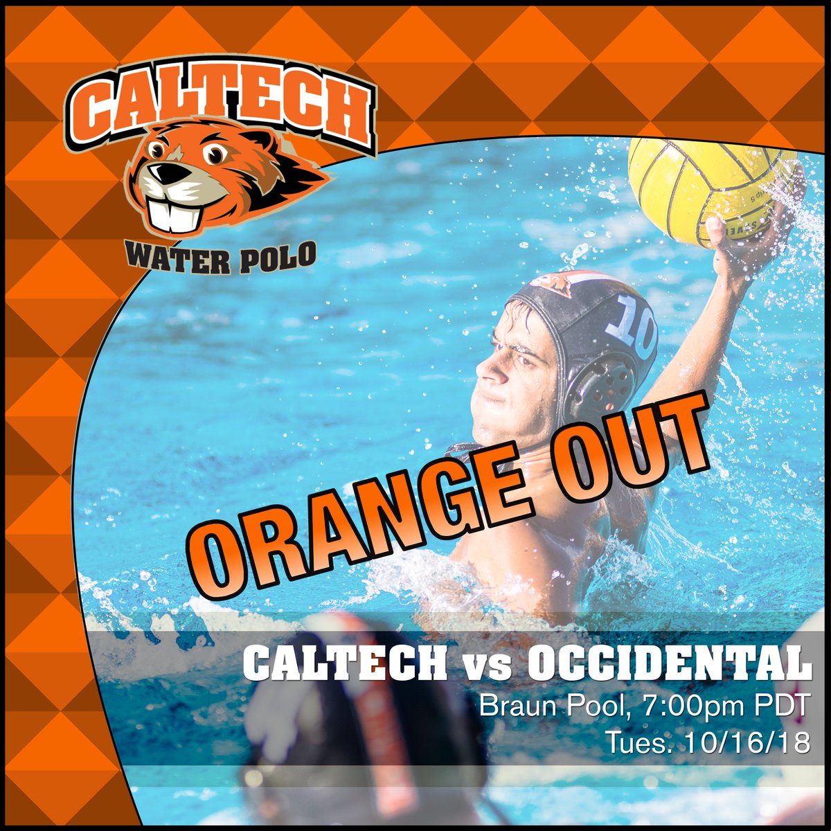 Orange out, Caltech! Tonight <a href="/Caltechpolo/">Caltech Water Polo</a> host Occidental in a SCIAC matchup. Come on down to the Braun Pool at 7pm to cheer on your Beavers! #CaltechRising #CaltechWorld