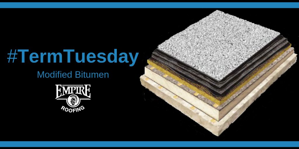 EmpireRoofing's tweet photo. Modified Bitumen is a type of roofing system where rubberized asphalt is applied to rolled roofing felts at the factory. Typically a modfied system consists of a minimum of two layers of membrane, a base sheet and cap sheet. #ModifiedBitumen #TheEmpireWay https://t.co/IvH3ycSknv