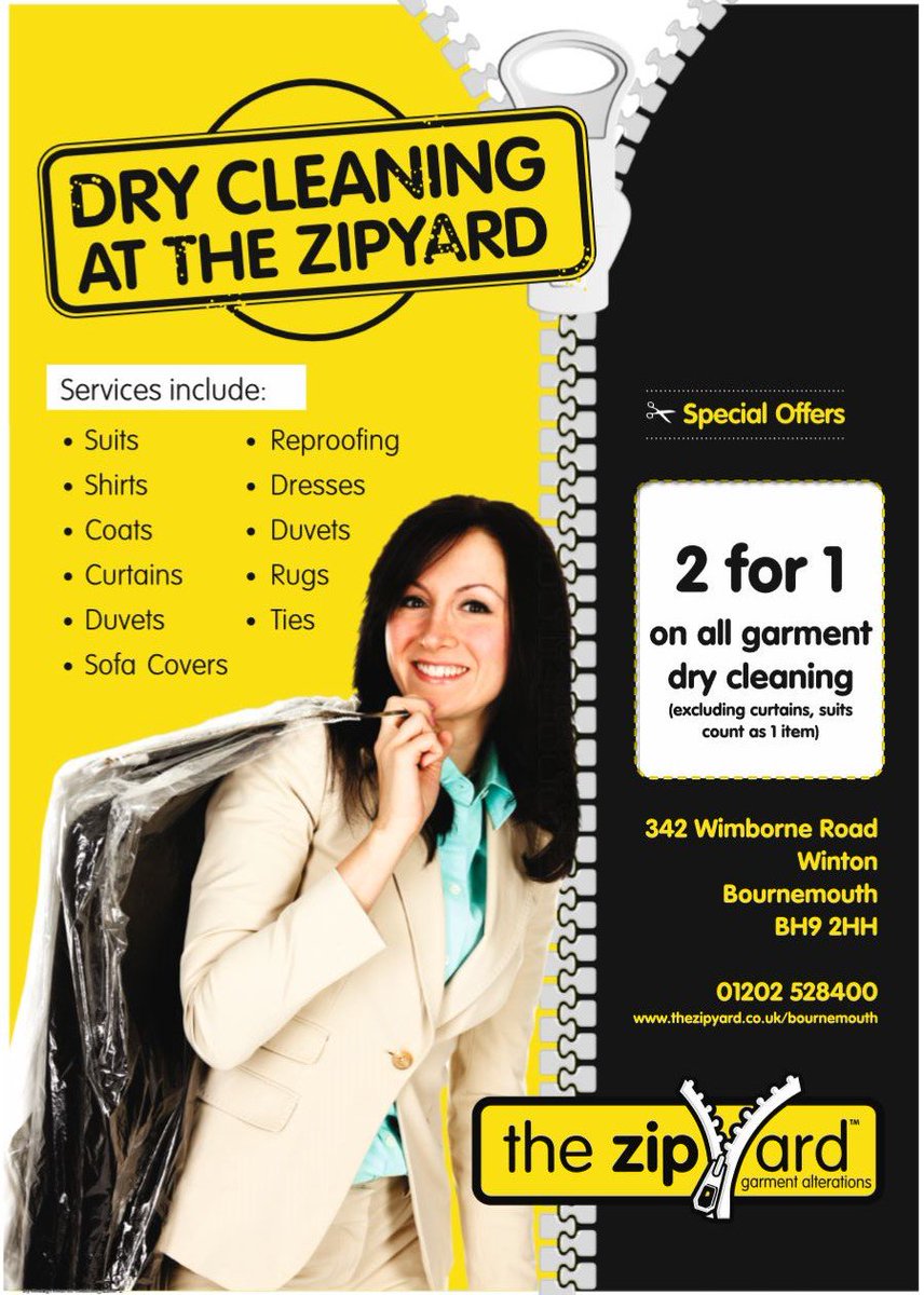 bournemouthzip's tweet photo. 2 for 1 Dry Cleaning at The ZipYard - Details on flyer! - GREAT OFFER!!!  #offer #Bournemouth #ZipYard #drycleaning #clean #bargain #clothes #alterations #Poole #shirts #SUITS #dress #bridal https://t.co/uexORBMCnJ
