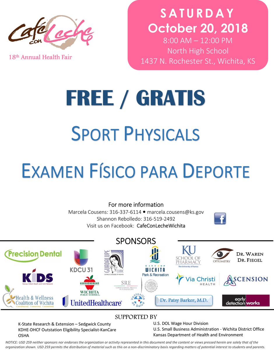 Wichita Public Schools On Twitter Free Sports Physicals Will Be Offered At The Cafe Con Leche Annual Health Fair 8 A M Noon This Saturday Oct 20 At North High School Https T Co Bu5qpbg7tm
