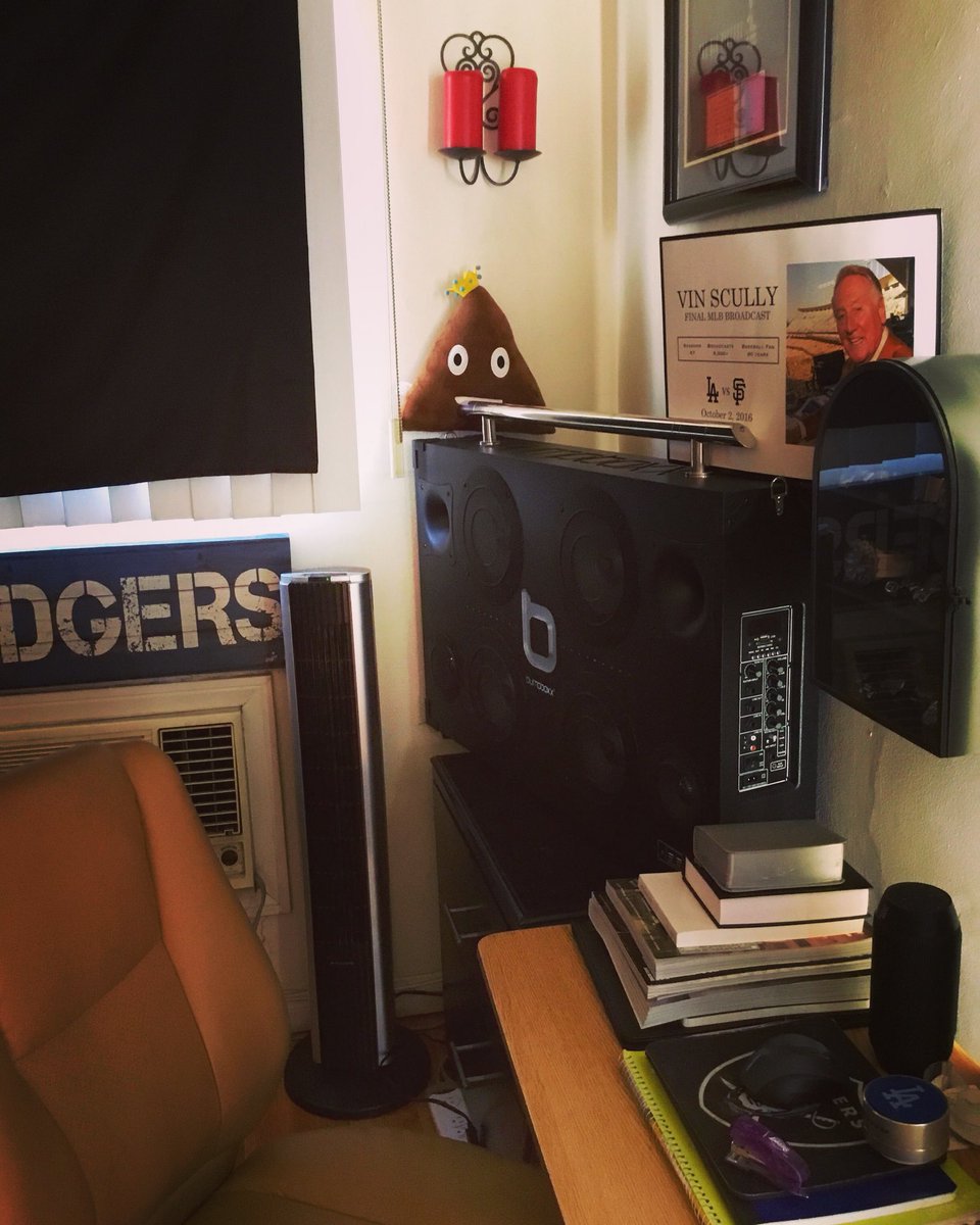 DannyGradio's tweet photo. About to sit with my laptop to make the sponsor reads for tomorrow’s @Outkick show...this is where I work #CornerBedroomOffice #TookMeAYearToPayoffThatBluetoothBox #ItBumps #Bumpboxx  #GoDodgers https://t.co/oBrnmZm2Vo