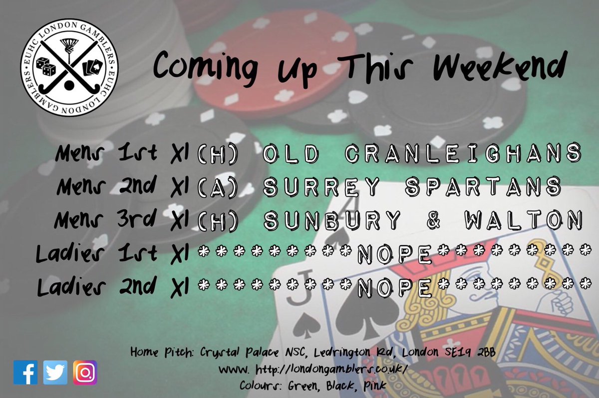 The ladies take a week off but the men entertain <a href="/OldCranleighans/">OC Society</a> &amp; <a href="/swhawks/">Sunbury & Walton HC</a>, whilst the 2s travel to <a href="/SurreySpartans/">Team Surrey Spartans Hockey Club</a>