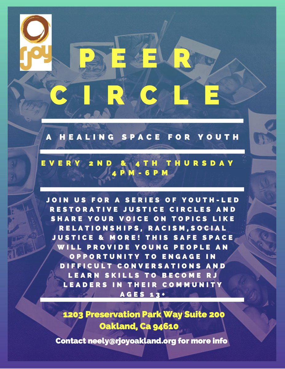 RJOYOakland's tweet photo. Calling all Bay Area #Youth! Peer Circles at the #OaklandLibrary Cesar E. Chavez branch will be going down 4-6pm on the 4th Tuesday of each month! Prepare for circles around RJ training, relationships, social justice & more! #RJOY https://t.co/Q9El7nMGf0