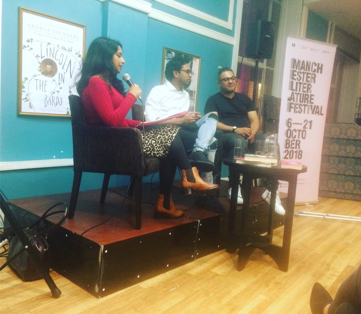 Anita Sethi asking questions with Guy Gunaratne and Nikesh Shukla. #mlf2018 @McrLitFest