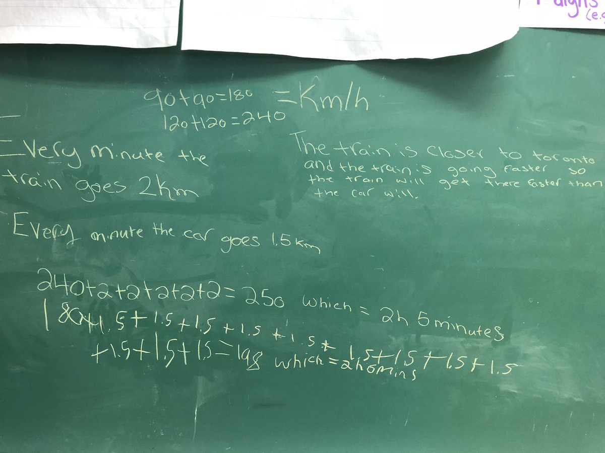 Mother2thewell's tweet photo. Using different strategies like number lines, organized lists, and equivalent ratios to determine which is the fastest way to travel in #7D @NorthdaleCntrl #mathstandingup #knightsnc #tvdsbmath https://t.co/mgNLyvNNAi
