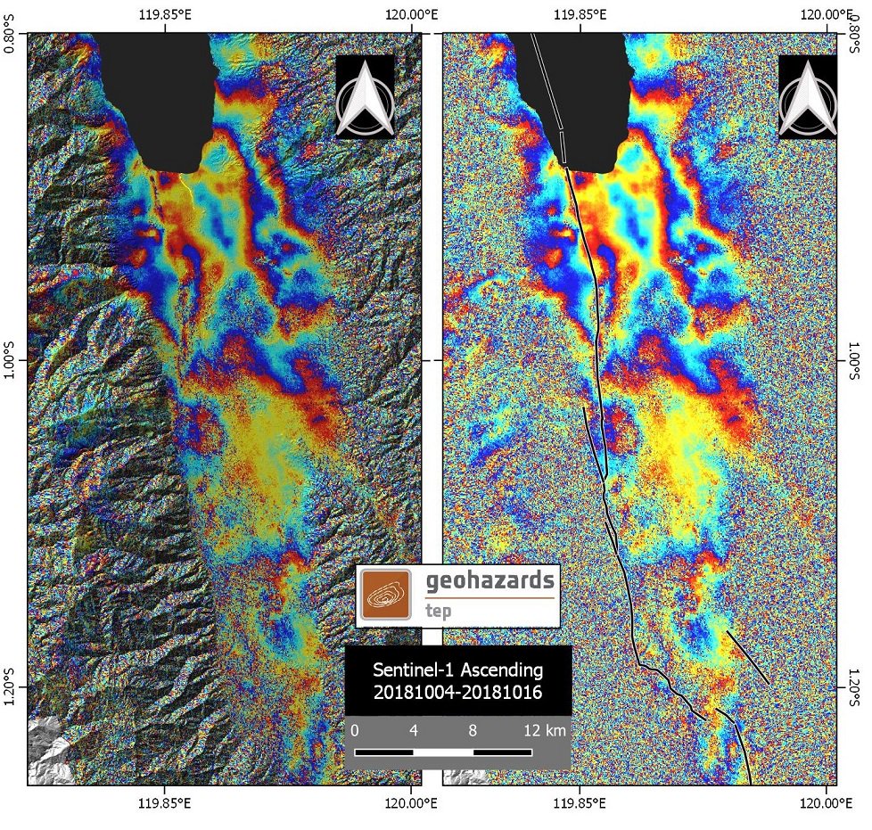 SotisValkan's tweet photo. Shallow afterslip following M7.5 Palu #earthquake. 12-day interferogram (Oct4-Oct16) from ascending pair of #Sentinel1, w/DIAPASON at @esa_gep. Patches of afterslip follow the ruptured plane (hangingwall), small higher peaks found along the trace. Each fringe is ~2.8cm LOS. https://t.co/A5KKu8bPpx